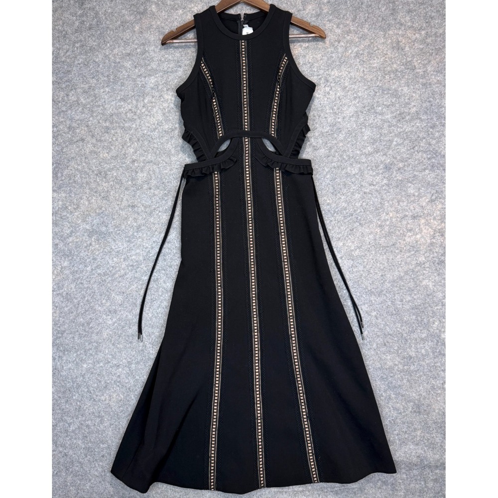 Self Portrait Cutout Midi Dress Womens US 6 Lattice Lace Up Peplum Vertical Trim
